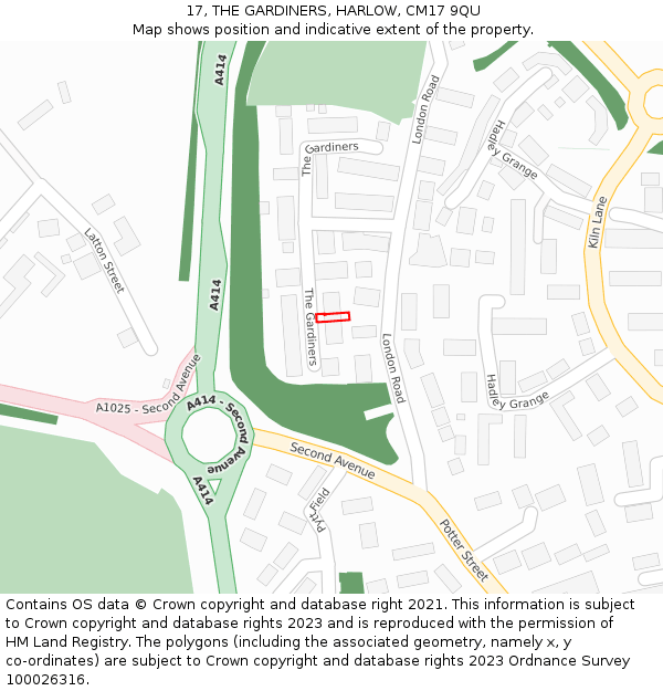 17, THE GARDINERS, HARLOW, CM17 9QU: Location map and indicative extent of plot