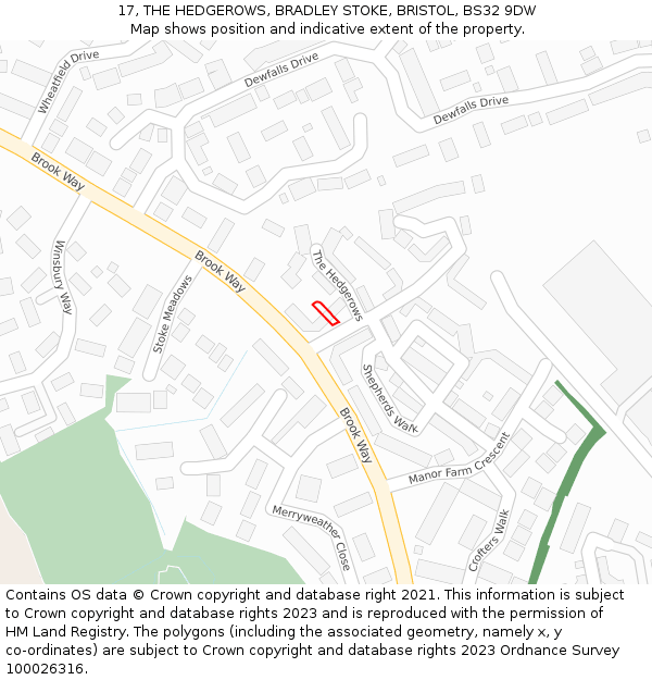 17, THE HEDGEROWS, BRADLEY STOKE, BRISTOL, BS32 9DW: Location map and indicative extent of plot
