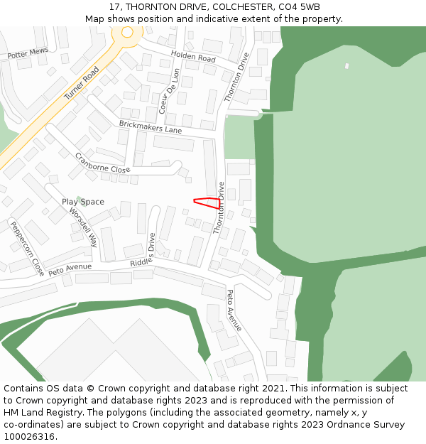 17, THORNTON DRIVE, COLCHESTER, CO4 5WB: Location map and indicative extent of plot