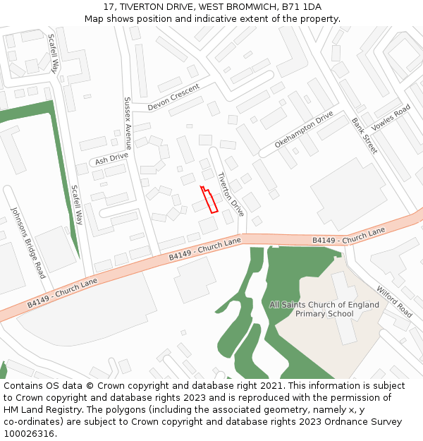 17, TIVERTON DRIVE, WEST BROMWICH, B71 1DA: Location map and indicative extent of plot