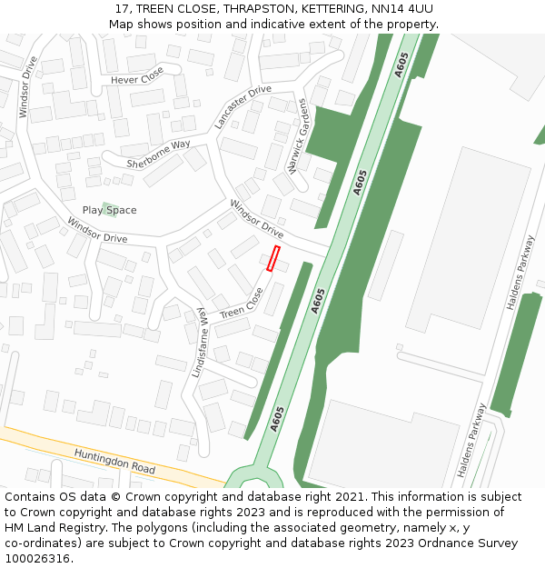 17, TREEN CLOSE, THRAPSTON, KETTERING, NN14 4UU: Location map and indicative extent of plot