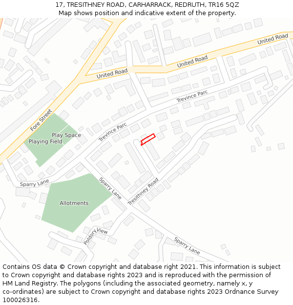 17, TRESITHNEY ROAD, CARHARRACK, REDRUTH, TR16 5QZ: Location map and indicative extent of plot