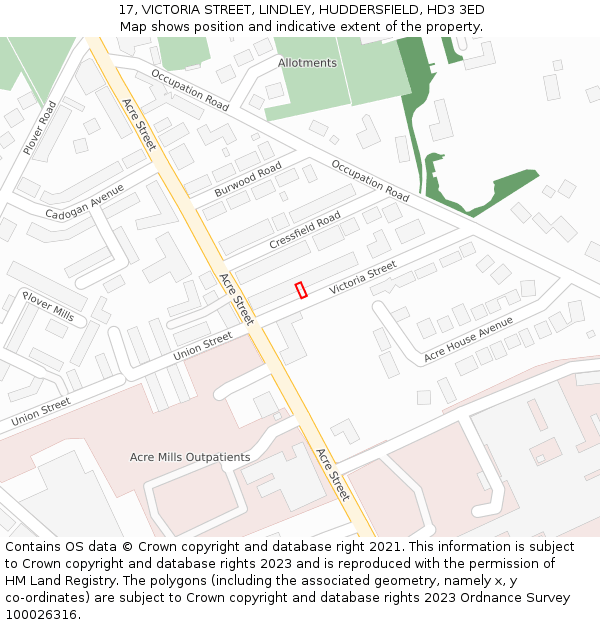 17, VICTORIA STREET, LINDLEY, HUDDERSFIELD, HD3 3ED: Location map and indicative extent of plot