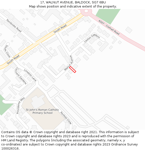 17, WALNUT AVENUE, BALDOCK, SG7 6BU: Location map and indicative extent of plot