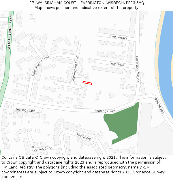 17, WALSINGHAM COURT, LEVERINGTON, WISBECH, PE13 5AQ: Location map and indicative extent of plot