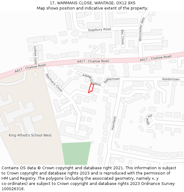 17, WARMANS CLOSE, WANTAGE, OX12 9XS: Location map and indicative extent of plot