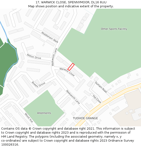 17, WARWICK CLOSE, SPENNYMOOR, DL16 6UU: Location map and indicative extent of plot