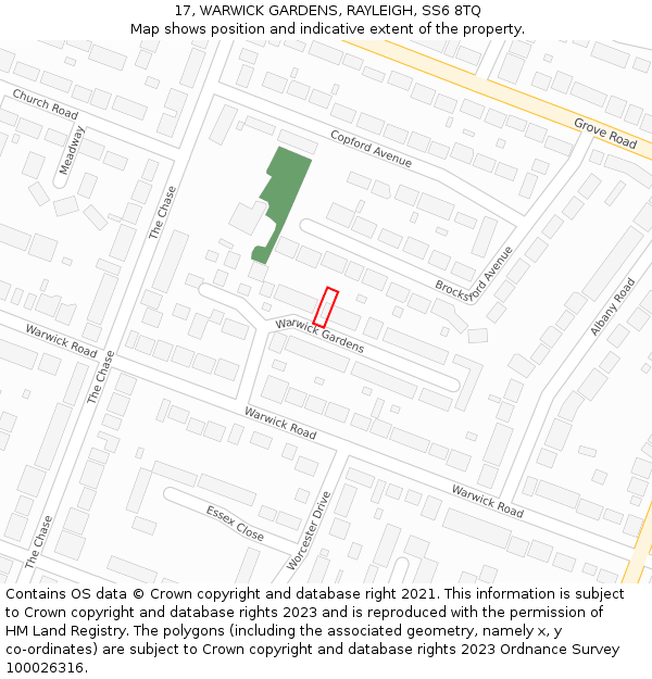 17, WARWICK GARDENS, RAYLEIGH, SS6 8TQ: Location map and indicative extent of plot