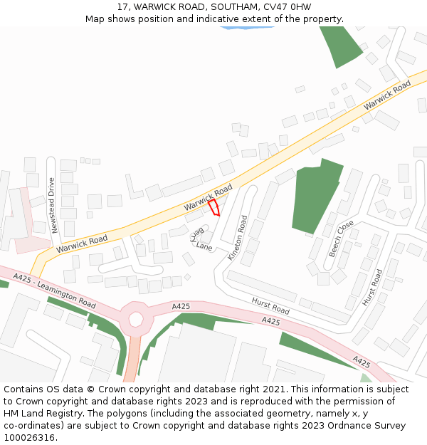 17, WARWICK ROAD, SOUTHAM, CV47 0HW: Location map and indicative extent of plot