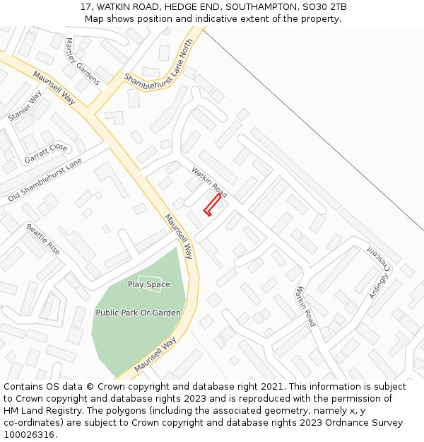 17, WATKIN ROAD, HEDGE END, SOUTHAMPTON, SO30 2TB: Location map and indicative extent of plot