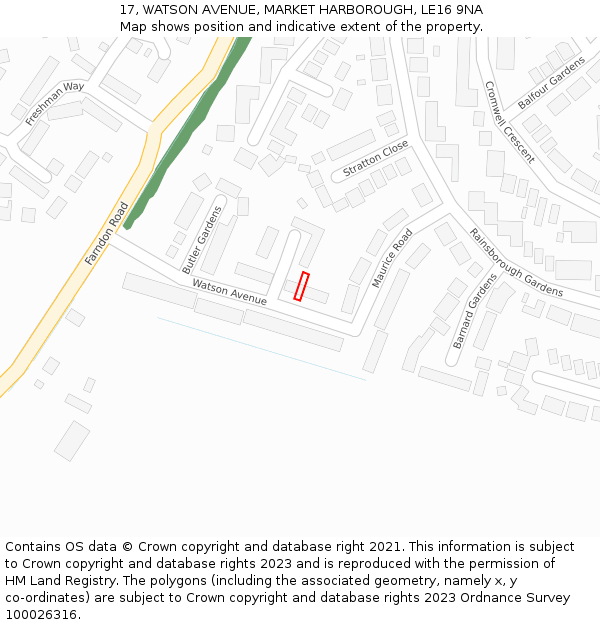 17, WATSON AVENUE, MARKET HARBOROUGH, LE16 9NA: Location map and indicative extent of plot