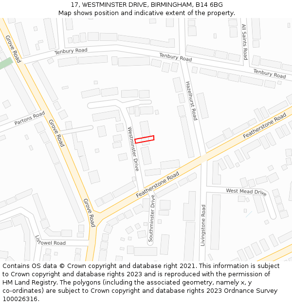 17, WESTMINSTER DRIVE, BIRMINGHAM, B14 6BG: Location map and indicative extent of plot