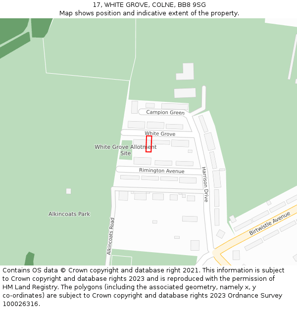17, WHITE GROVE, COLNE, BB8 9SG: Location map and indicative extent of plot