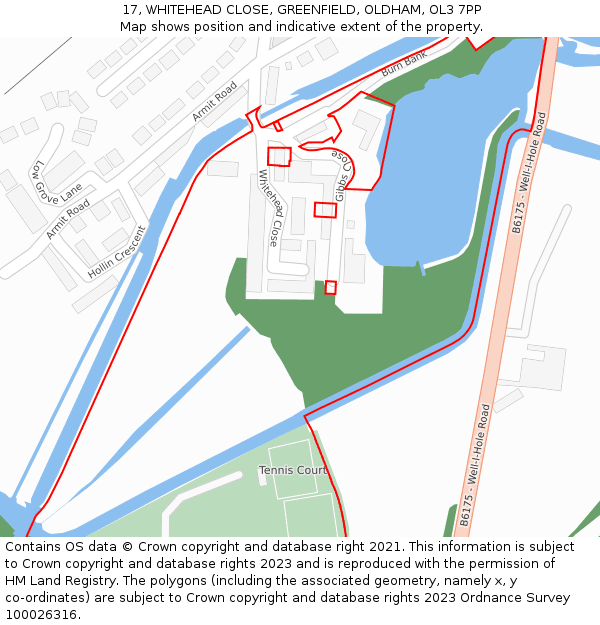 17, WHITEHEAD CLOSE, GREENFIELD, OLDHAM, OL3 7PP: Location map and indicative extent of plot