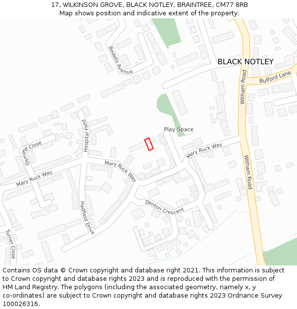 17, WILKINSON GROVE, BLACK NOTLEY, BRAINTREE, CM77 8RB: Location map and indicative extent of plot