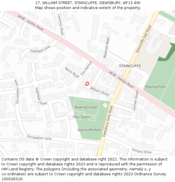 17, WILLIAM STREET, STAINCLIFFE, DEWSBURY, WF13 4AY: Location map and indicative extent of plot