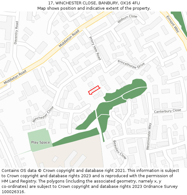 17, WINCHESTER CLOSE, BANBURY, OX16 4FU: Location map and indicative extent of plot