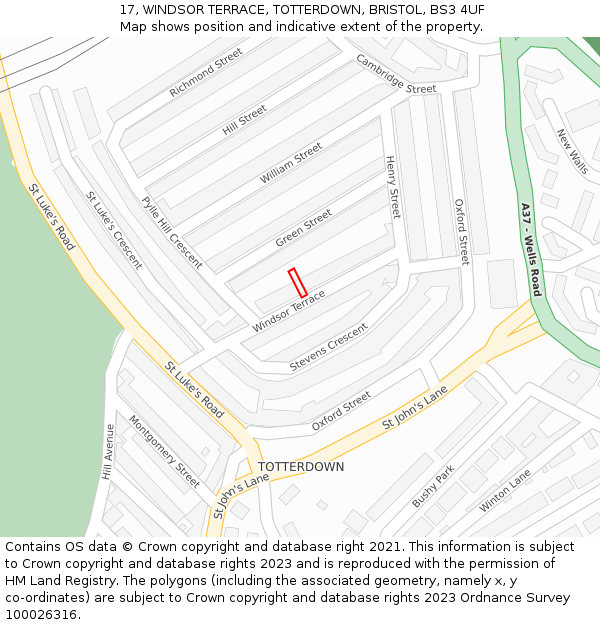 17, WINDSOR TERRACE, TOTTERDOWN, BRISTOL, BS3 4UF: Location map and indicative extent of plot