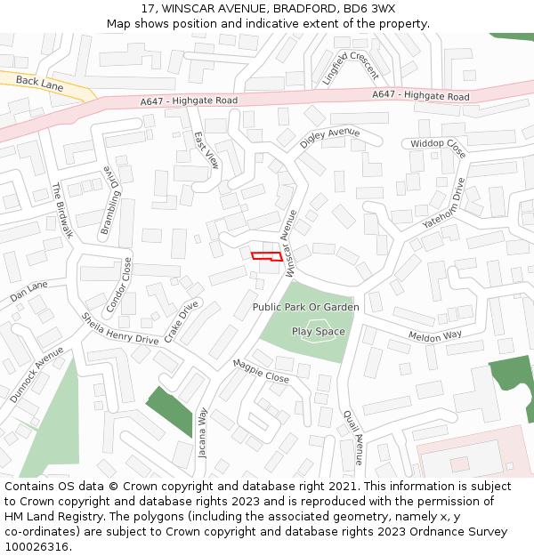 17, WINSCAR AVENUE, BRADFORD, BD6 3WX: Location map and indicative extent of plot
