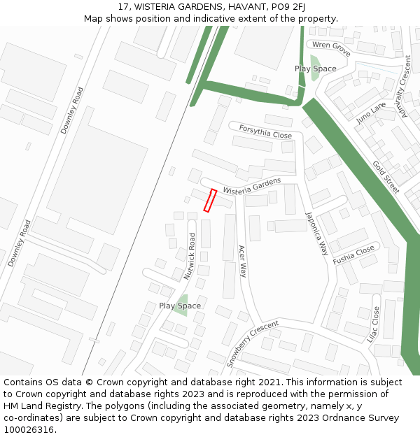 17, WISTERIA GARDENS, HAVANT, PO9 2FJ: Location map and indicative extent of plot