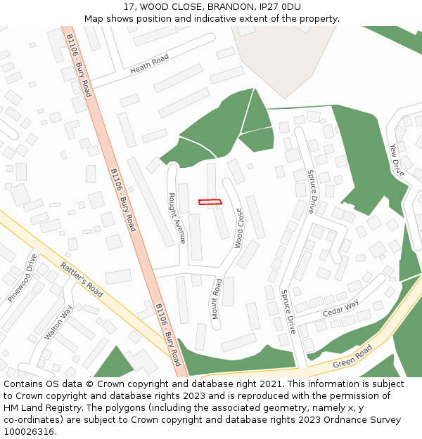 17, WOOD CLOSE, BRANDON, IP27 0DU: Location map and indicative extent of plot