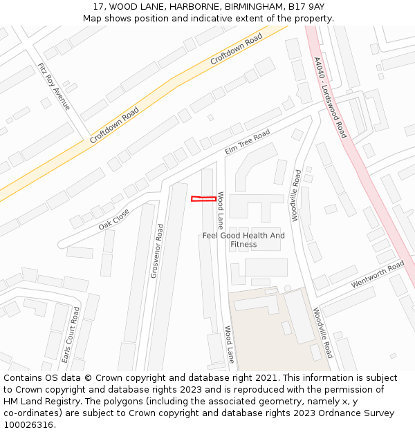 17, WOOD LANE, HARBORNE, BIRMINGHAM, B17 9AY: Location map and indicative extent of plot