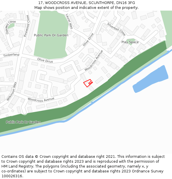 17, WOODCROSS AVENUE, SCUNTHORPE, DN16 3FG: Location map and indicative extent of plot