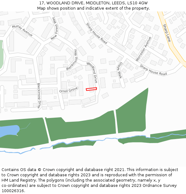 17, WOODLAND DRIVE, MIDDLETON, LEEDS, LS10 4GW: Location map and indicative extent of plot