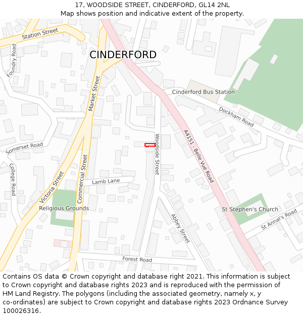 17, WOODSIDE STREET, CINDERFORD, GL14 2NL: Location map and indicative extent of plot
