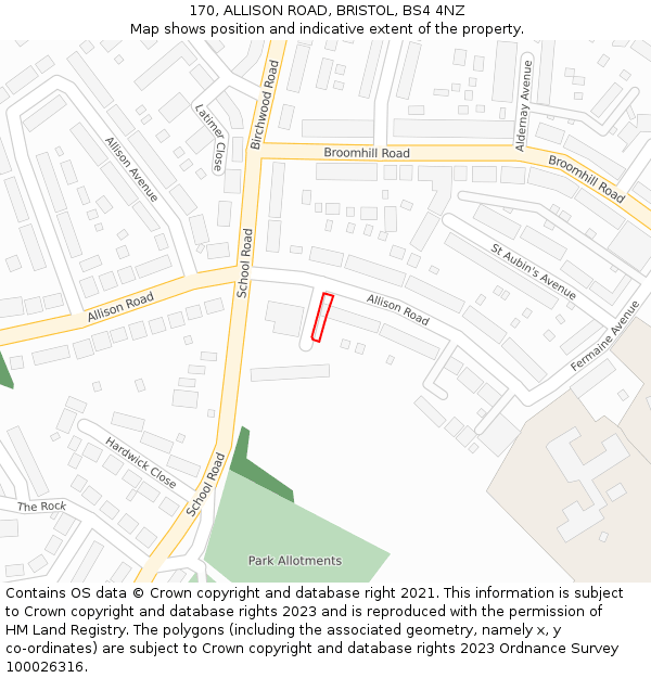 170, ALLISON ROAD, BRISTOL, BS4 4NZ: Location map and indicative extent of plot