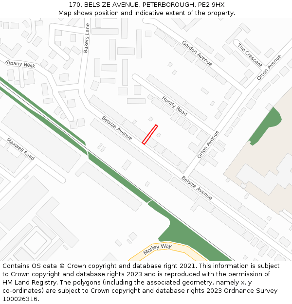 170, BELSIZE AVENUE, PETERBOROUGH, PE2 9HX: Location map and indicative extent of plot