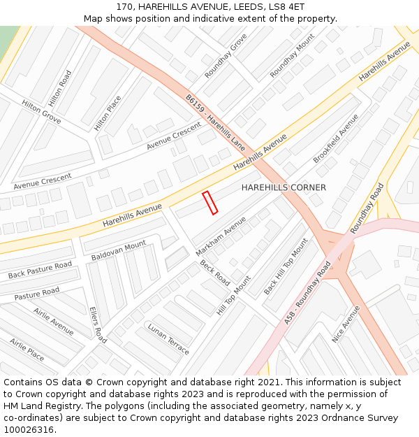 170, HAREHILLS AVENUE, LEEDS, LS8 4ET: Location map and indicative extent of plot