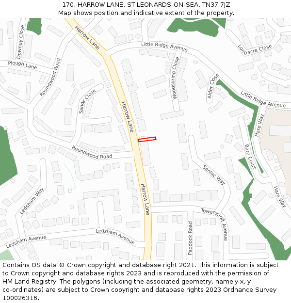 170, HARROW LANE, ST LEONARDS-ON-SEA, TN37 7JZ: Location map and indicative extent of plot