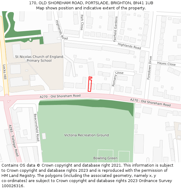 170, OLD SHOREHAM ROAD, PORTSLADE, BRIGHTON, BN41 1UB: Location map and indicative extent of plot