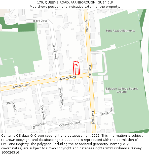 170, QUEENS ROAD, FARNBOROUGH, GU14 6LF: Location map and indicative extent of plot