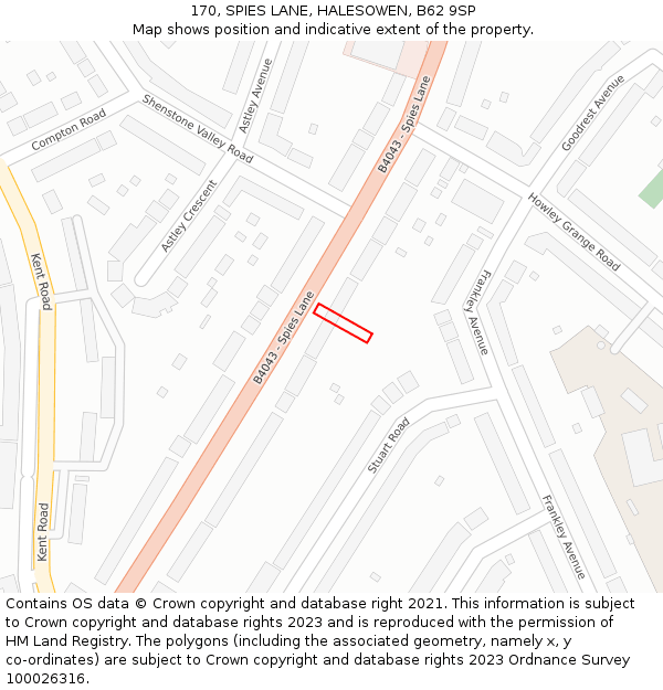 170, SPIES LANE, HALESOWEN, B62 9SP: Location map and indicative extent of plot