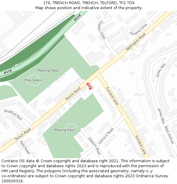 170, TRENCH ROAD, TRENCH, TELFORD, TF2 7DX: Location map and indicative extent of plot