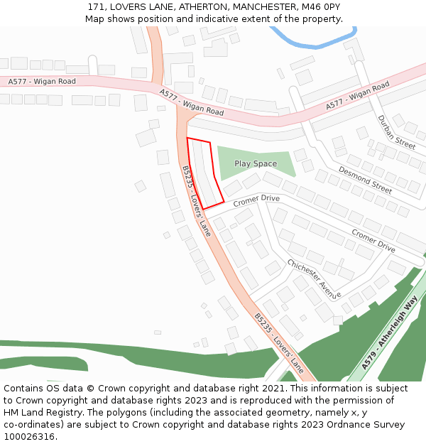 171, LOVERS LANE, ATHERTON, MANCHESTER, M46 0PY: Location map and indicative extent of plot