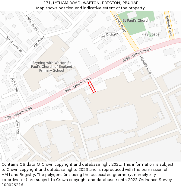 171, LYTHAM ROAD, WARTON, PRESTON, PR4 1AE: Location map and indicative extent of plot