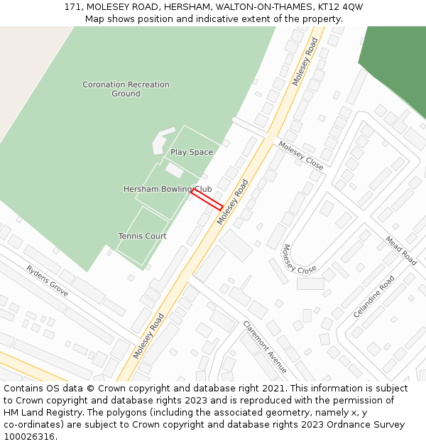 171, MOLESEY ROAD, HERSHAM, WALTON-ON-THAMES, KT12 4QW: Location map and indicative extent of plot