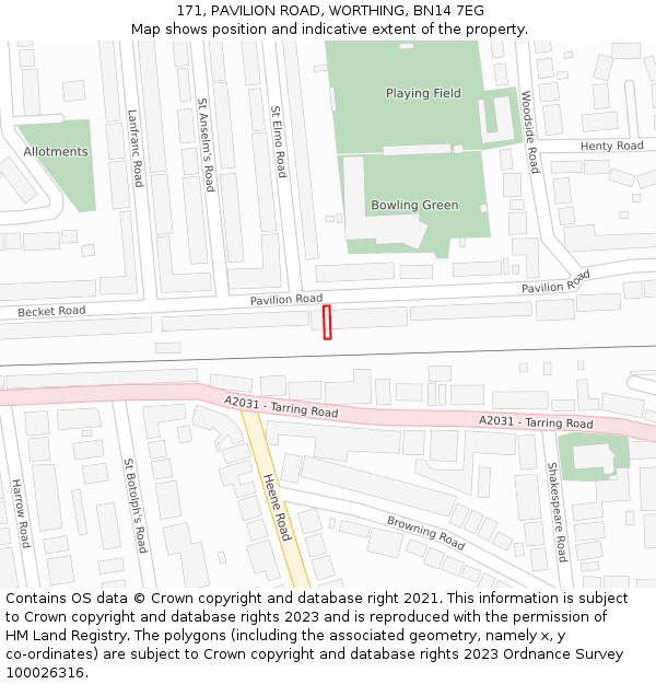 171, PAVILION ROAD, WORTHING, BN14 7EG: Location map and indicative extent of plot