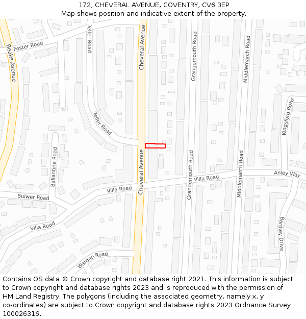 172, CHEVERAL AVENUE, COVENTRY, CV6 3EP: Location map and indicative extent of plot