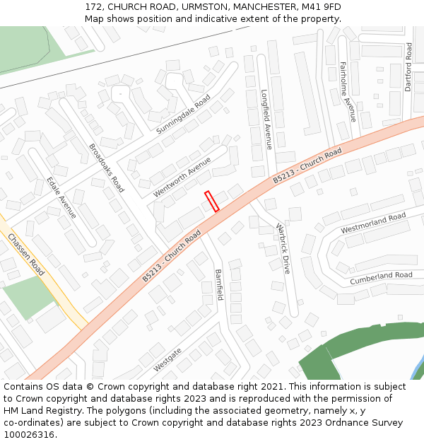 172, CHURCH ROAD, URMSTON, MANCHESTER, M41 9FD: Location map and indicative extent of plot