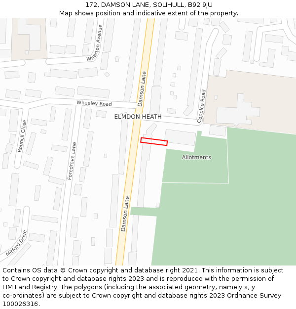 172, DAMSON LANE, SOLIHULL, B92 9JU: Location map and indicative extent of plot