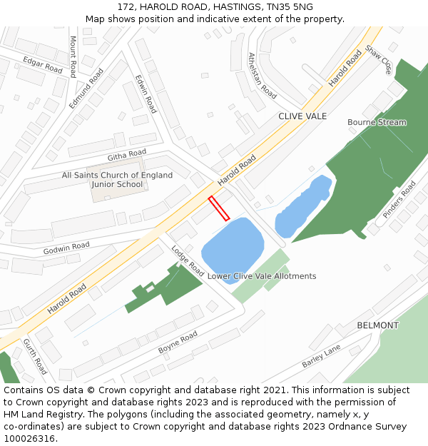 172, HAROLD ROAD, HASTINGS, TN35 5NG: Location map and indicative extent of plot