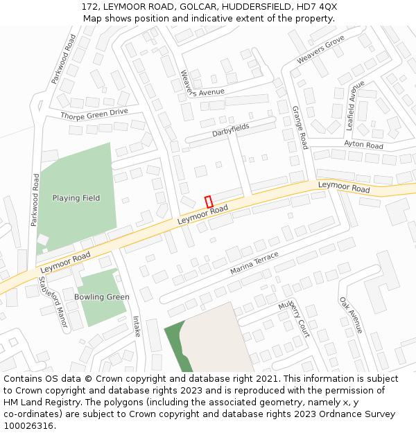 172, LEYMOOR ROAD, GOLCAR, HUDDERSFIELD, HD7 4QX: Location map and indicative extent of plot