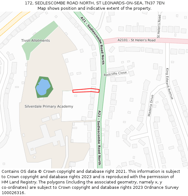 172, SEDLESCOMBE ROAD NORTH, ST LEONARDS-ON-SEA, TN37 7EN: Location map and indicative extent of plot
