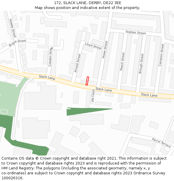 172, SLACK LANE, DERBY, DE22 3EE: Location map and indicative extent of plot