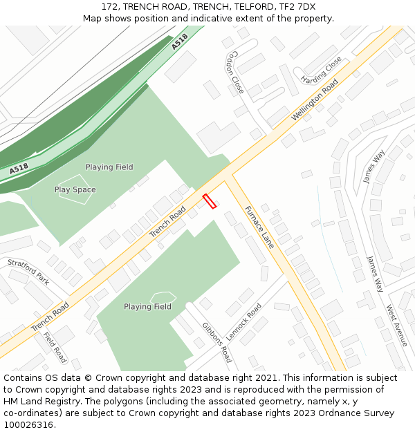 172, TRENCH ROAD, TRENCH, TELFORD, TF2 7DX: Location map and indicative extent of plot