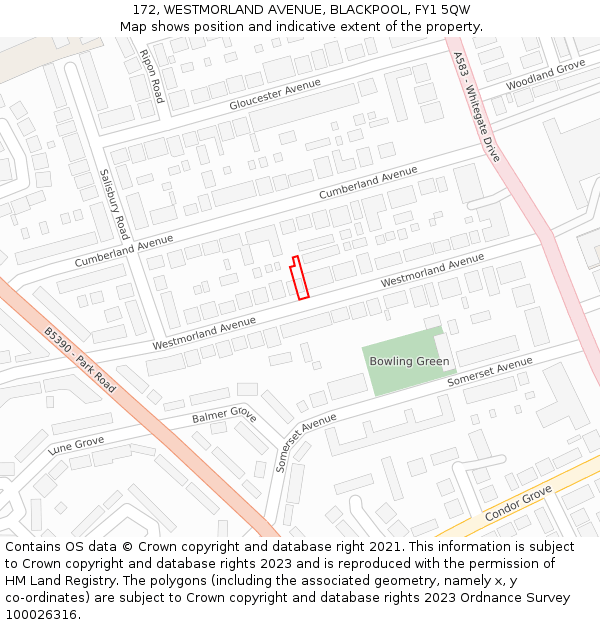 172, WESTMORLAND AVENUE, BLACKPOOL, FY1 5QW: Location map and indicative extent of plot